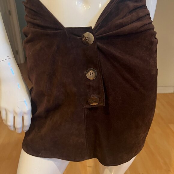 VINTAGE SUEDE BUTTON RUCHED WAIST MINI SKIRT SIZE 2 - Picture 2 of 3